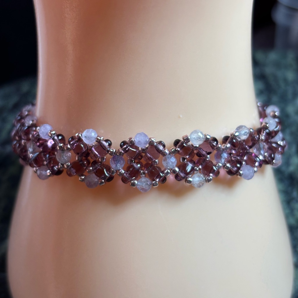 Handcrafted Amethyst Bracelet Adorned With Purple Superduo And Seed Beads 7 Inch